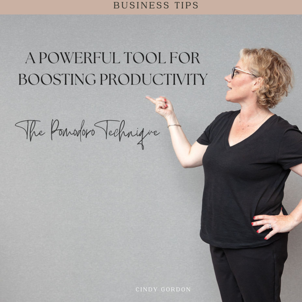 Blog post graphic that features cindy gordon dressed in all black pointing to a grey wall that says a powerful tool for boosting productivity